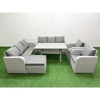 Fimous Pe Rattan High Back Lounge Sofa Set Patio Rectangular Dining Table & Chairs Set with 3 Seater Sofa Reclining Chair Big Footstool Light Grey - Fimous