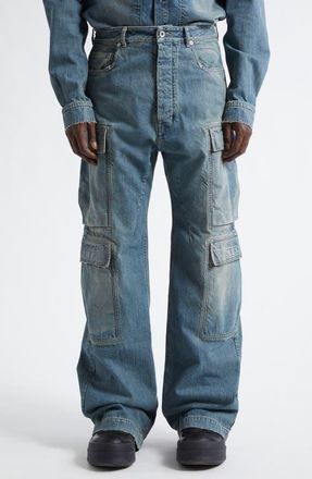 Rick Owens Distressed Straight Leg Cargo Jeans in Washed Indigo at Nordstrom, Size 32