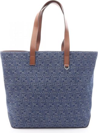 Fendi Blue Brown Canvas Leather Handbag Tote Bag (Pre-Owned)