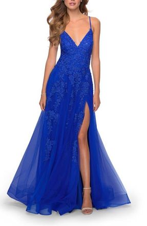 La Femme Tulle Prom Dress with Floral Detail and Side Slit in Royal Blue at Nordstrom, Size 16