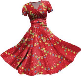 Generic Christmas Dresses for Women Party Print V Neck Short Sleeve Dress Dresses for Christmas Costumes Women Multi Colored Vintage Printed Holiday V Neck Lo