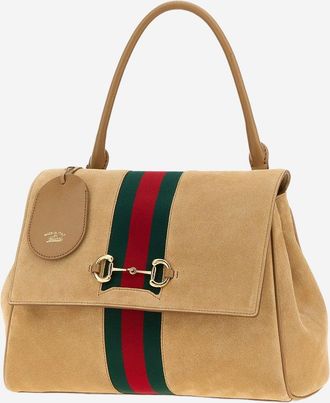 Gucci Womens Handbag Paparazzo Suede Beige Calf Skin Shoulder Bags