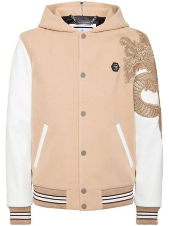 Philipp Plein monogram bomber jacket - men - Viscose/Polyester/Spandex/Elastane/Polyester/Calf Leather - XXXL - Neutrals