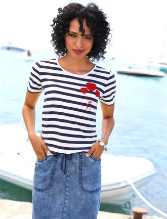 Heine T-Shirt HEINE Shirt, Damen, Gr. 34, marine, ecru, geringelt, 95% Viskose, 5% Elasthan, gemustert, gestreift, mehrfarbig, Rundhals, Shirts T-Shirt