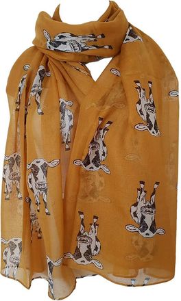 GlamLondon Cow Print Scarf Farm Animal Womens Ladies Fashion Soft Big Shawl Wrap (SKETCH - Mustard)(Size:L)