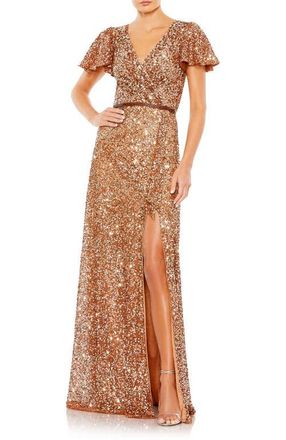Mac Duggal Sequined Wrap Over Butterfly Sleeve Draped Gown in Copper at Nordstrom, Size 6