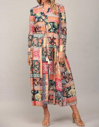 Fate Bohemian Patchwork Print Button Front Maxi Dress In Teal Multi