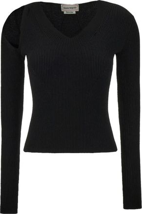 Alexander McQueen Alexander McQueen, V-neck Knitwear, female, Black, Size: M Cut-Out Ribbed V-Neck Sweater