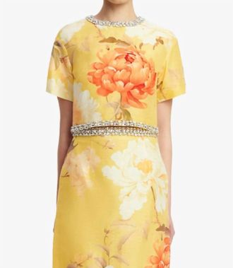 LEO LIN Indie Embellished Sleeve Top In Peony Print In Yellow