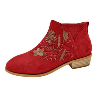 Generic Winter Stylish Women Autumn Ankle Boots with Flock Square Heels Zipper Closure Embroidered Floral Design Round Toe Booties (Red, 4. 5)
