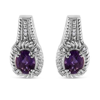 House of Brilliance 925 Sterling Silver 8x6 MM Natural Oval Purple Amethyst Gemstone and Diamond Accent Art Drop and Dangle Earrings (I-J Color, I1-I2 Clarity)