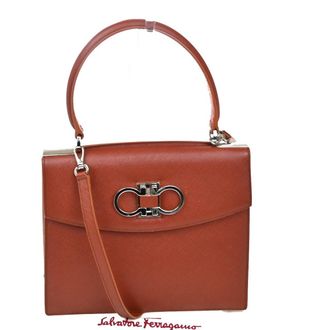Ferragamo Double Gancini Top Handle Bag Saffiano Leather Brown Leather Handbag (Pre-Owned)