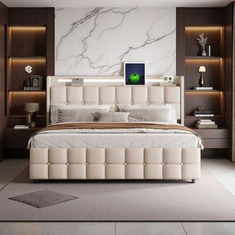 OEM Cama Doble 140x200 - Moderna - 4 Cajones - Led Integrada - Almacenamiento Usb - Beige