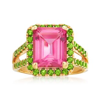 Ross-Simons Pink Topaz and Green Chrome Diopside Ring in 18kt Gold Over Sterling