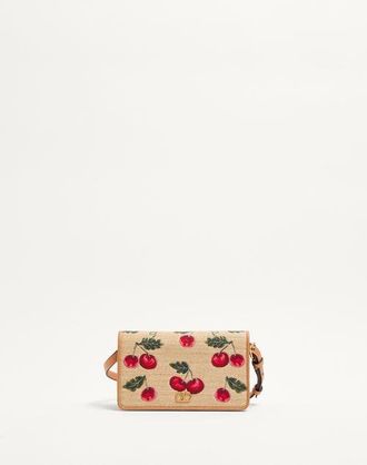 Valentino Garavani Vlogo Signature Mini Shoulder Bag In Jacquard Raffia With Cherryfic Pattern Woman NATURAL/RED UNI