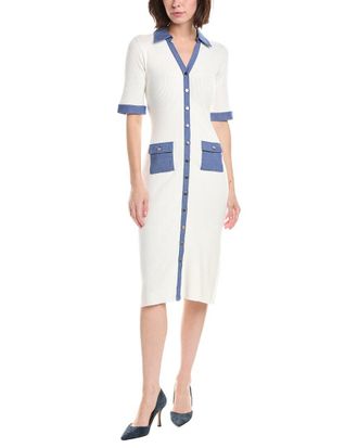 T Tahari Elbow Sleeve Split Neck Rib Dress