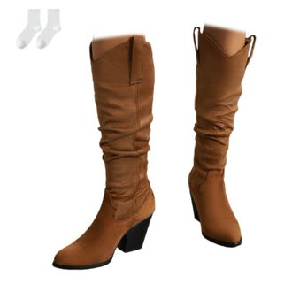 Generic Womens Knee-High Boots, Pull-On Style in Suede-Look Material with Block Heel And Ruched Shaft, Comfortable Tall Boots for Everyday Wear, Autumn And Wi