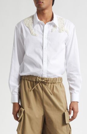Simone Rocha Embellished Hare Classic Fit Cotton Button-Up Shirt in White/Pearl/Clear at Nordstrom, Size X-Large