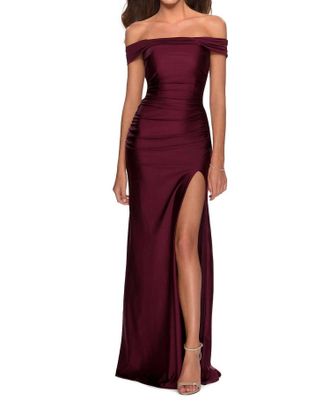 La Femme Jersey Prom Gown In Dark Berry