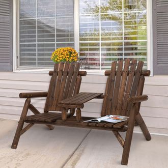OUTSUNNY Wood Patio Chair Loveseat 2 Seats with Center Coffee Table in Brown