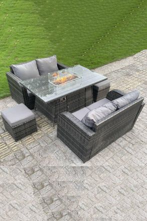 Fimous Garden Furniture Sofa Set Dining Table Gas Fire Pit Table 6 Seater in Dark Grey