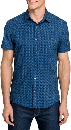 W.R.K Basic Slim Fit Abstract Blur Short Sleeve Performance Button-Up Shirt in Blue at Nordstrom, Size Xx-Large