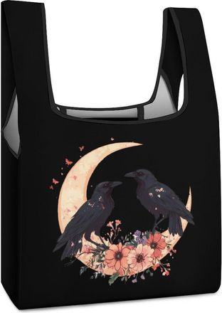 Generic Floral Moon Crow Raven Shopping Bag Reusable Grocery Tote Bag Foldable Handbag for Travel Picnic
