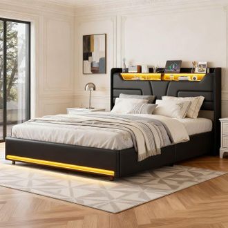 OEM Cama Lit 140x190 Pu Negro Pocketpop - Led Regulable, Puerto Usb, Somier Hidr&aacute;ulico, 2 Plazas