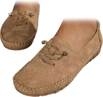 Generic Womens Comfortable Soft Hand-Stitched Genuine Leather Loafers Fashion Suede Lightweight Anti-Slip Lace Up Walking Shoes (Brown,7.5)