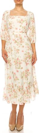 52SEVEN Three Quarter Sleeve Floral Midi Dress In White Light Pink