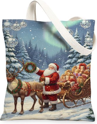 Generic Christmas Reindeer Canvas Tote Bags, Vintage Holiday Pattern Reusable Bags, Lightweight Washable Shoulder Strap Canvas for, Red, 13x15 Inch