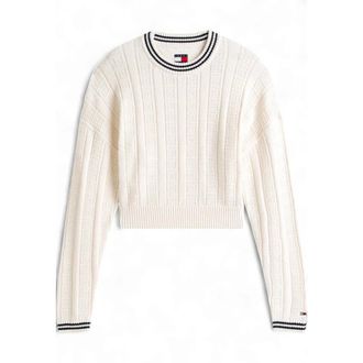 Tommy Jeans Flag Kabel Gebreide Relaxte Jumper - Dames - Ronde hals truien - Beige - L - Katoen - Truien & Vesten