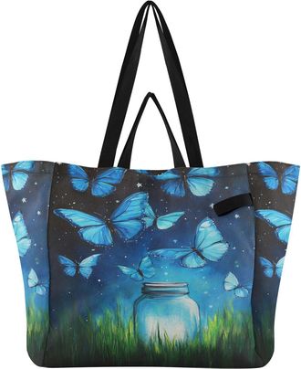 Generic Butterfly Blue Glass print Reusable Canvas Tote Bag, Heavy Duty Grocery Shopping Bag with Double Handles Large Capacity Hard Bottom Work Groceries Tra