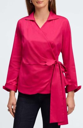 Foxcroft Salina Stretch Cotton Blend Wrap Shirt in Ruby Pink at Nordstrom, Size X-Large