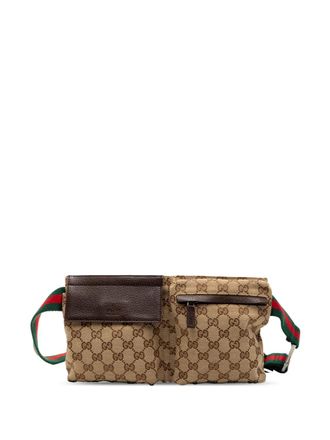 Gucci 2000-2015 GG Canvas Web Double Pocket belt bag - women - Calf Leather/Canvas/Cotton/Leather - One Size - Brown