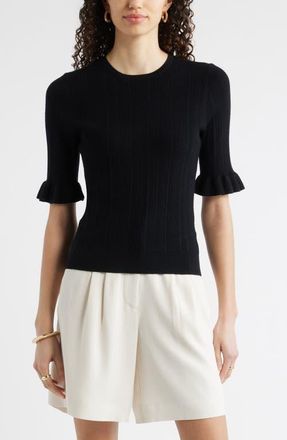 Nordstrom Pointelle Wool Blend Crewneck Sweater in Black at Nordstrom, Size Xx-Small