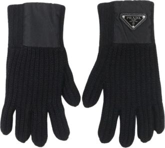 Prada Pre-owned Triangle Rib Knit Leather Gloves - Heren - Vintage Accessoires - Zwart - ONE Size - Wol - Vintage