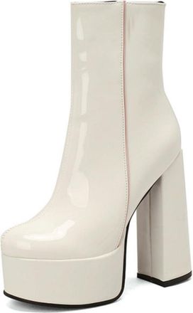 Generic Womens Chunky Block Heel Mid-calf Boots with Platform, Square Toe Design for Stylish Autumn Winter Wear,White,6.5 UK