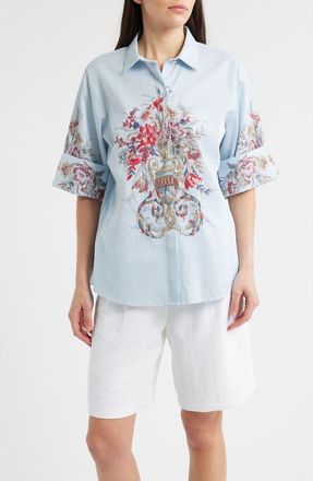 Kobi Halperin Drew Sequin Floral Stripe Cotton Blend Seersucker Button-Up Shirt in Sky Blue at Nordstrom, Size Xx-Large