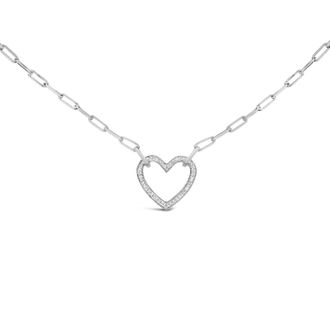 House of Brilliance Sterling Silver Diamond Accent Open Heart Pendant Necklace with Paperclip Chain