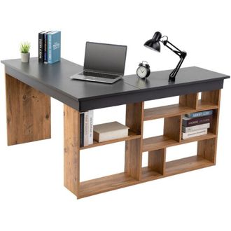 Dmora Scrivania Patti, Angolare, Cassetti, 6 Ripiani, 130x120x72h cm Nero Antracite