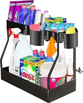 OEM Estante De Almacenamiento De 2 Niveles Para Debajo Del Fregadero, Estante De Cocina, Con 4 Ganchos Y 2 Vasos Colgantes, Organizador Deslizante Para De
