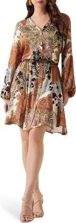 Marciano Gwenda Long Sleeve Mixed Print Dress in Brown Multi at Nordstrom, Size 10 Us