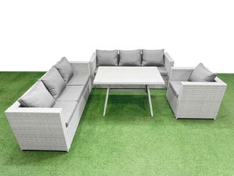 Fimous 7-seater Patio Rectangular Table 3 Seater Sofa Armchair Set in Light Grey