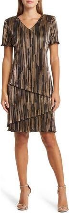 Connected Pliss&eacute; Foil Tiered Dress in Black/Gold at Nordstrom, Size 12