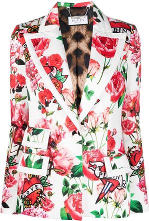 Philipp Plein Love floral-print blazer - women - Polyester/Polyester/Elastane - M - White