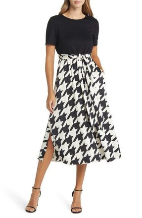 Anne Klein Houndstooth A-Line Midi Dress in Anne Black/Anne White at Nordstrom, Size X-Large