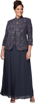 Alex Evenings Womens Plus Size Long With Mandarin Neckline Jacket Special Occasion Dress, Smoke, 20 Plus UK