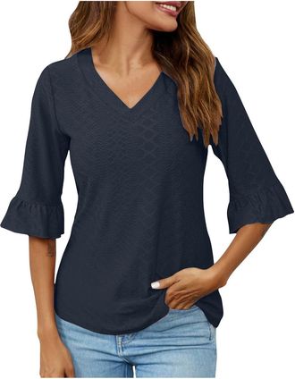 Generic Womens Tops 3/4 Length Sleeve Summer Tunic T Shirts Ladies V-Neck Dressy Casual Ruffle Sleeve Blouses Navy