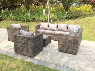 Fimous 8 Seater Grey Rattan Corner Sofa Set Coffee Table 2 Armchairs Garden Furniture Outdoor in Dark Grey